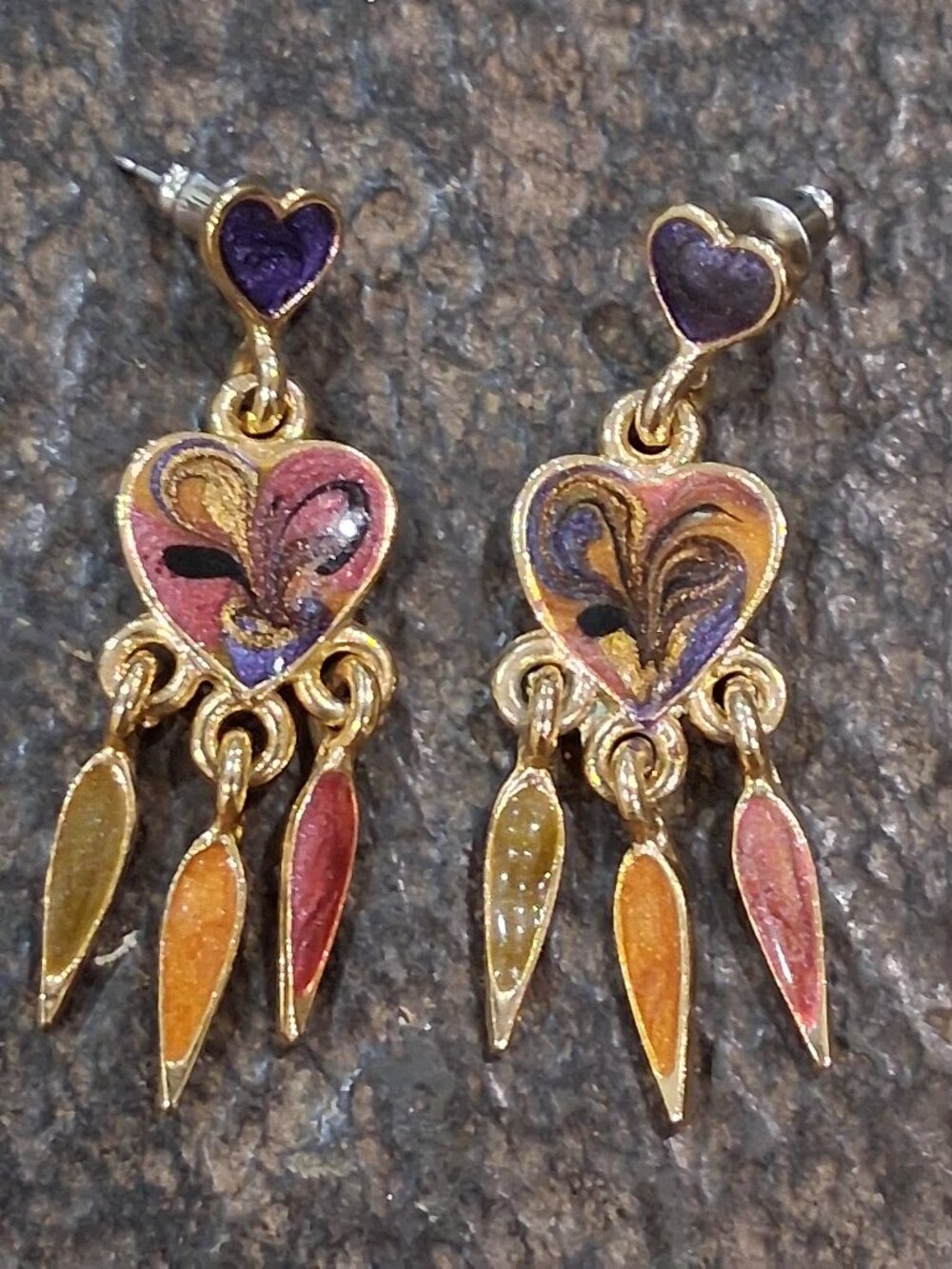 vintage gold-tone multi-color enamel swirl heart dangle drop statement earrings